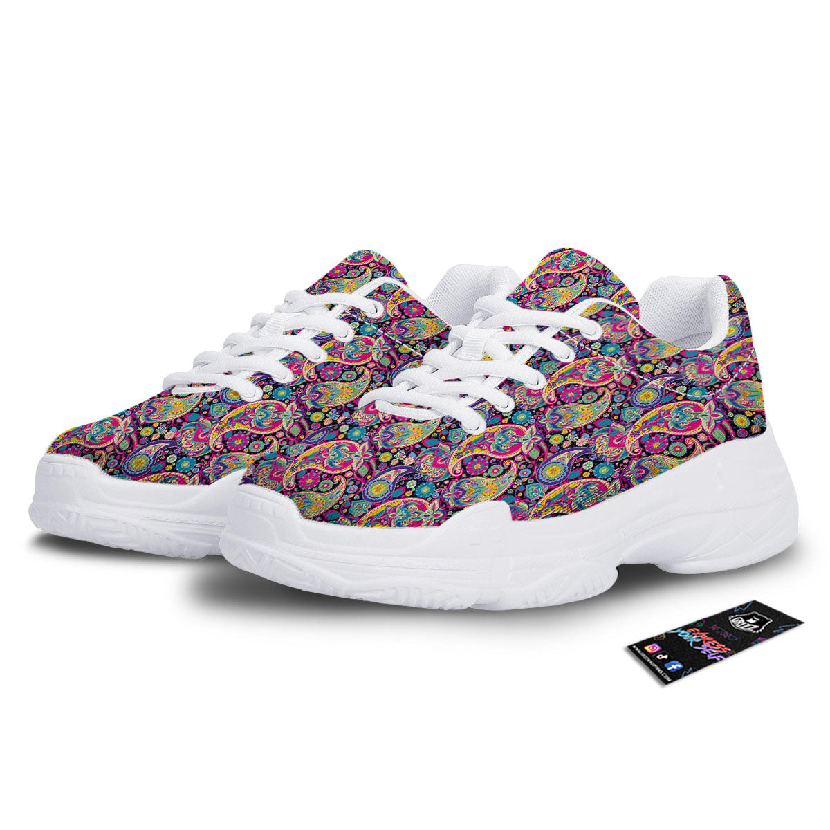 Blue Pink And Green Paisley Print White Chunky Shoes-grizzshop
