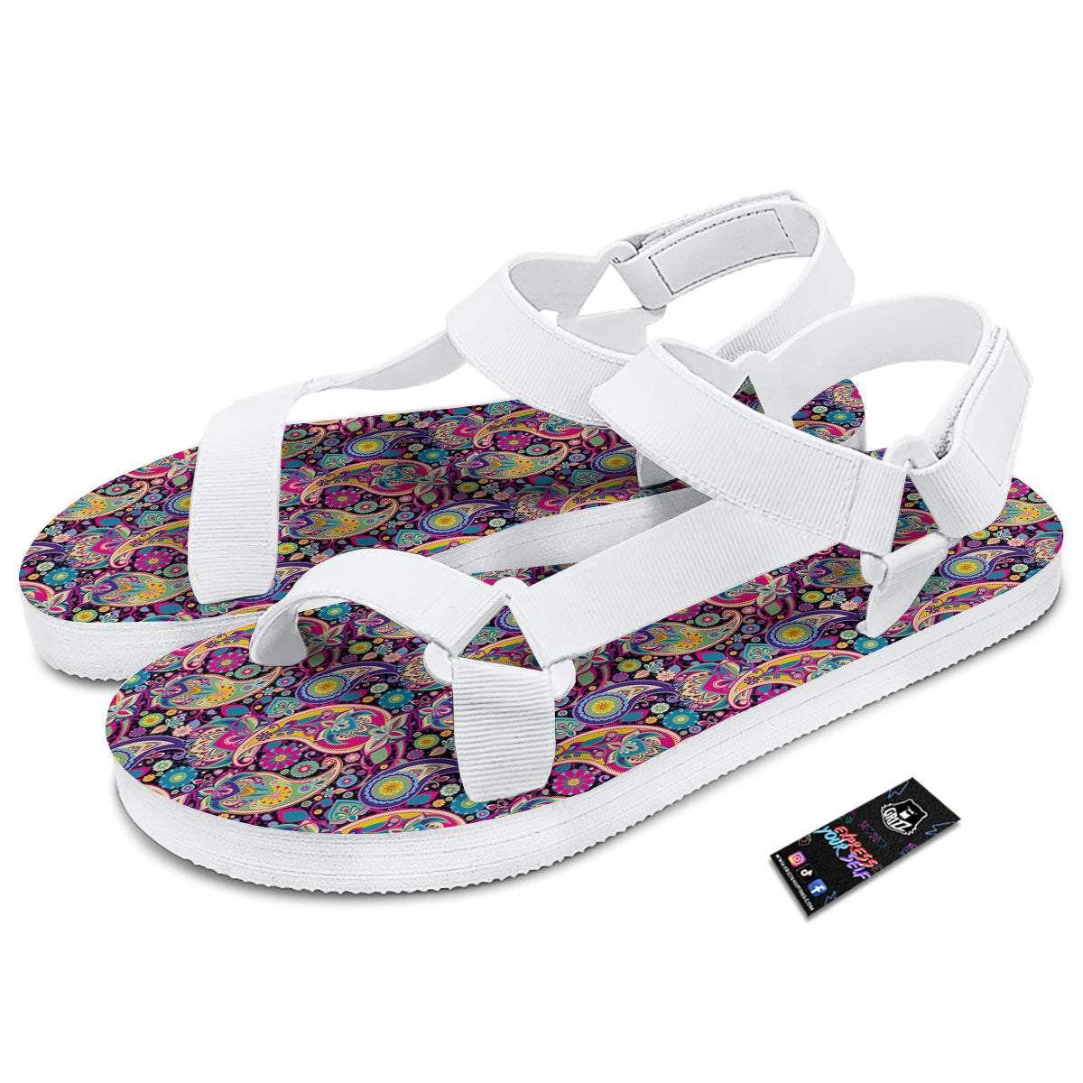Blue Pink And Green Paisley Print White Open Toe Sandals-grizzshop