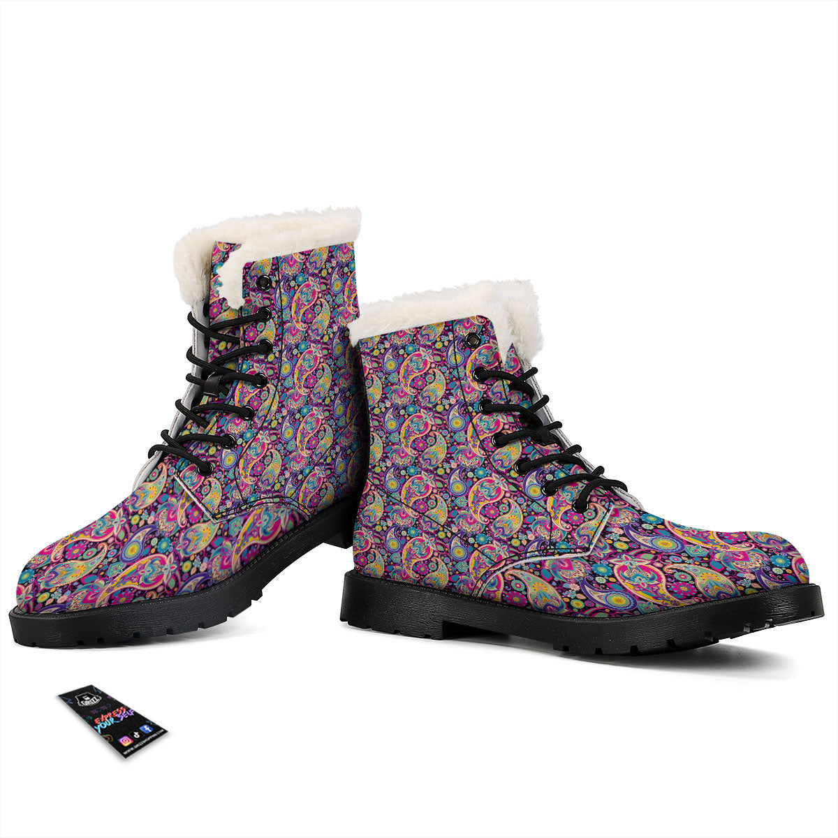 Blue Pink And Green Paisley Print Winter Boots-grizzshop