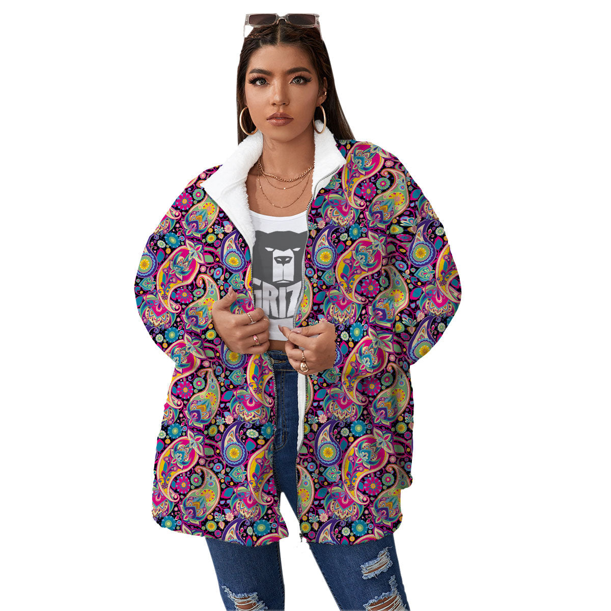 Blue Pink And Green Paisley Print Women's Sherpa Jacket-grizzshop