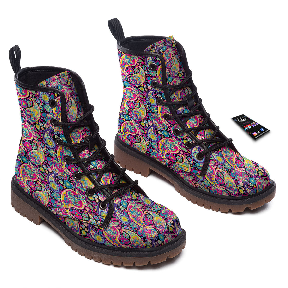 Blue Pink And Green Paisley Print Work Boots-grizzshop