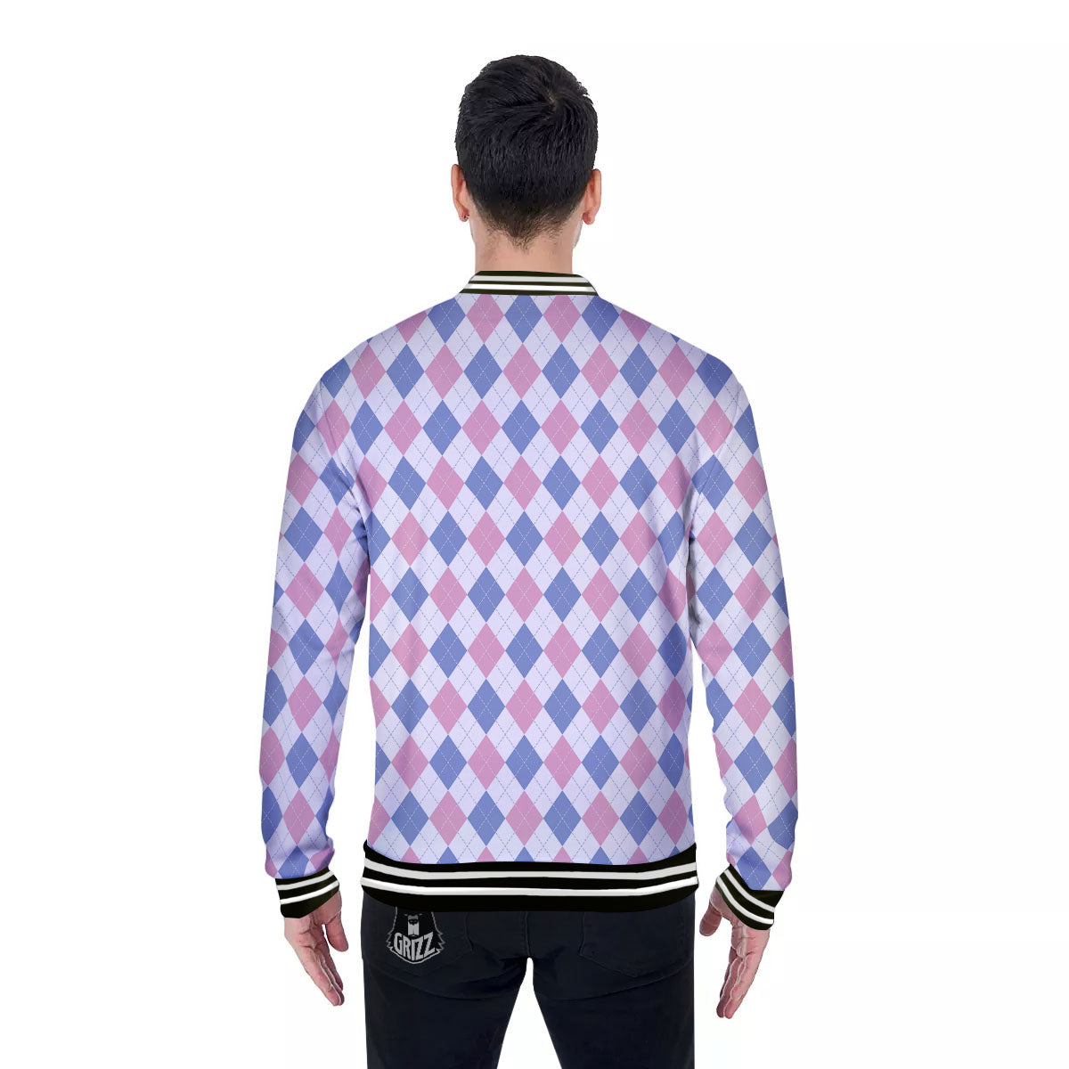 Blue Pink And White Argyle Print Pattern Baseball Jacket-grizzshop