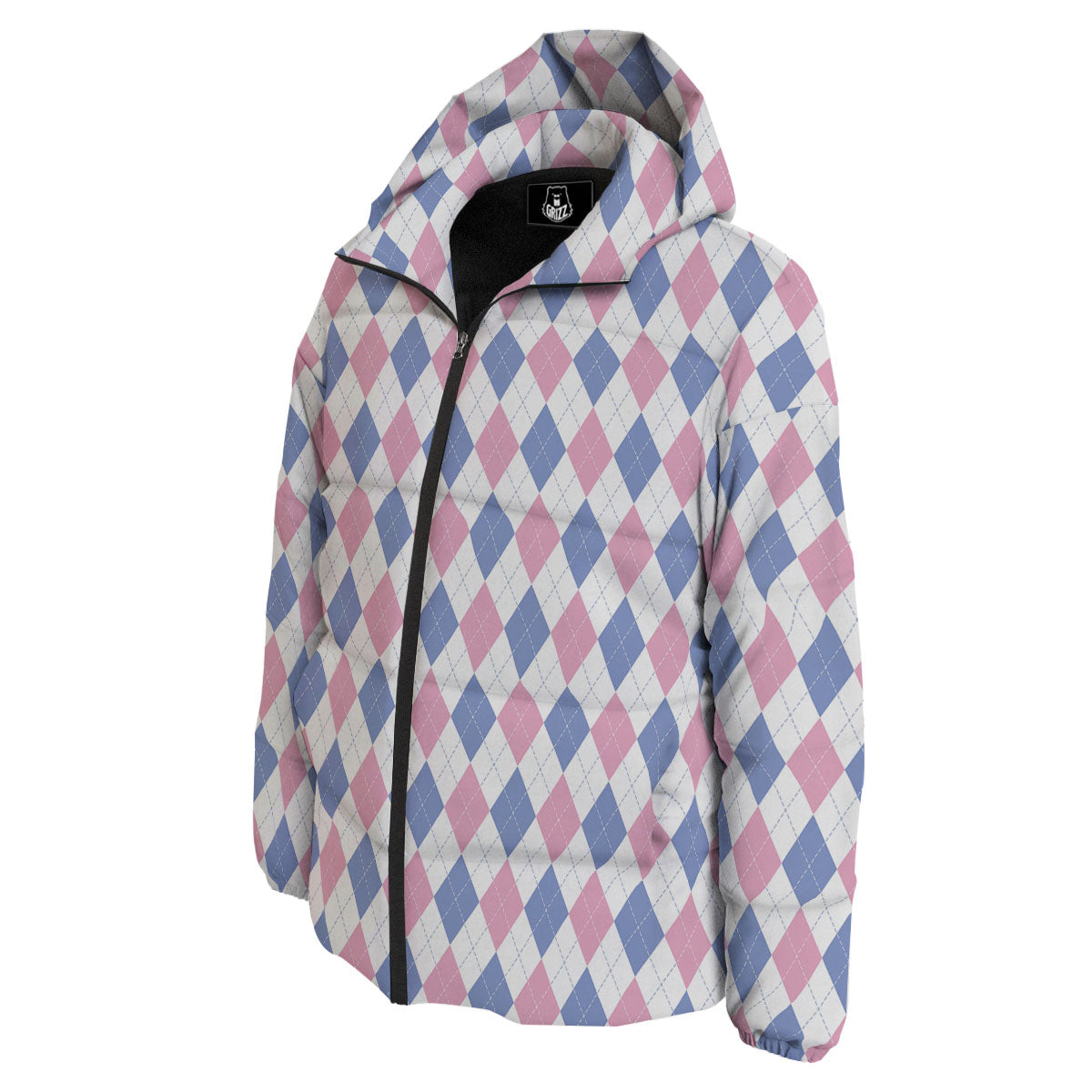 Blue Pink And White Argyle Print Pattern Down Jacket-grizzshop