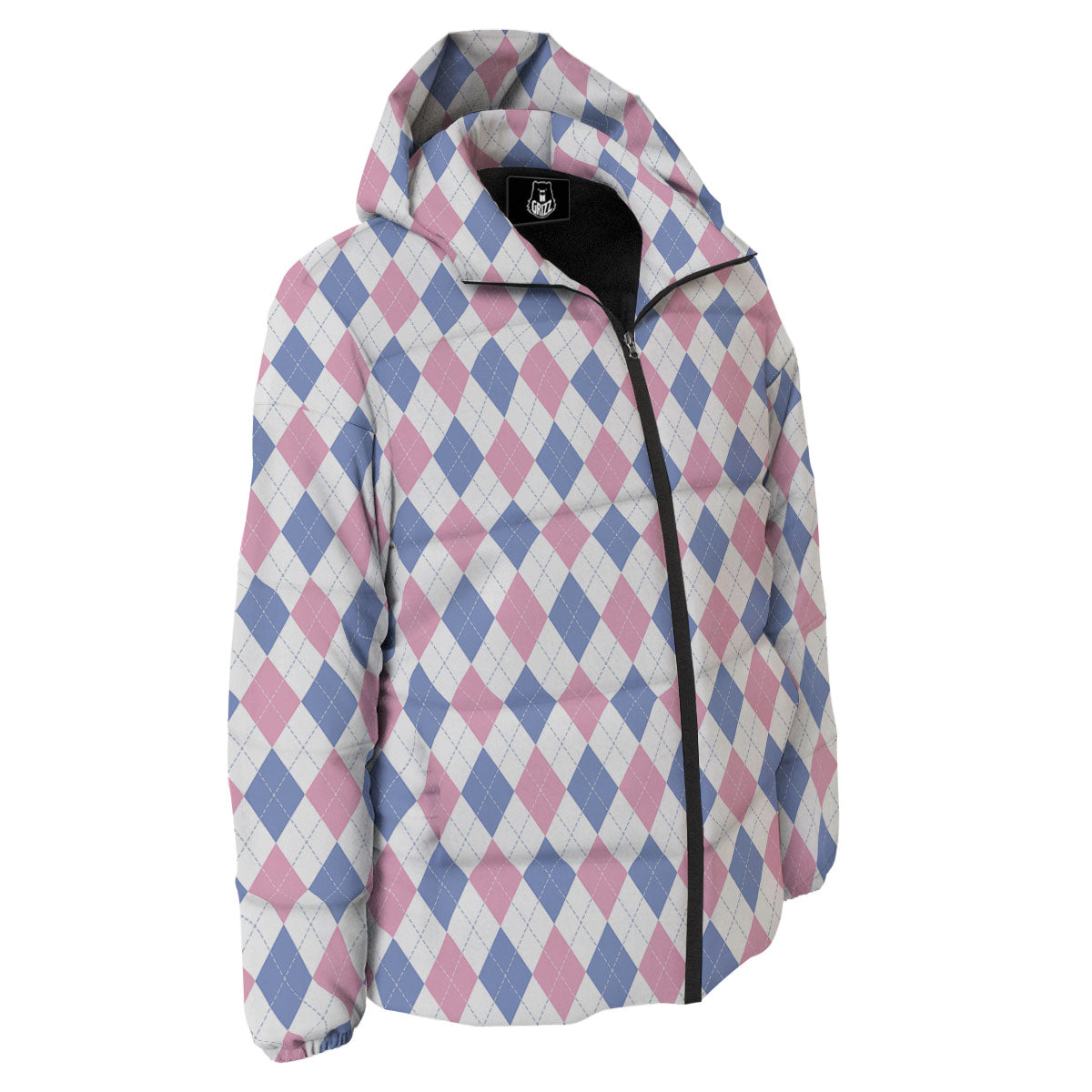 Blue Pink And White Argyle Print Pattern Down Jacket-grizzshop