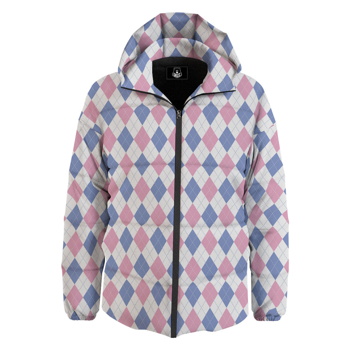 Blue Pink And White Argyle Print Pattern Down Jacket-grizzshop