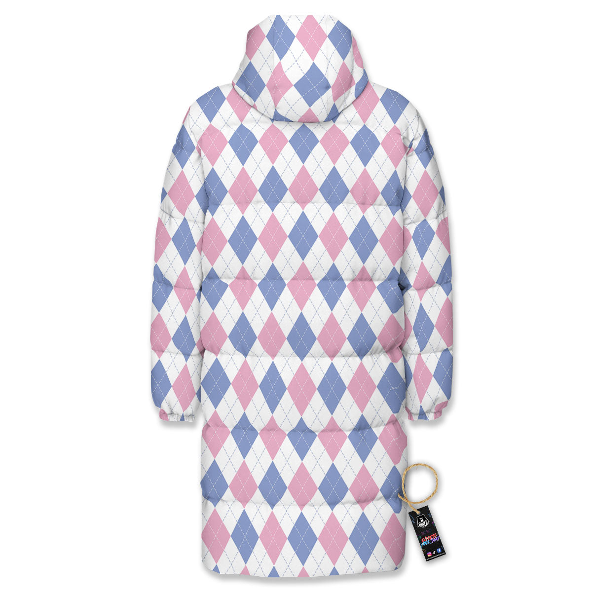 Blue Pink And White Argyle Print Pattern Long Down Jacket-grizzshop