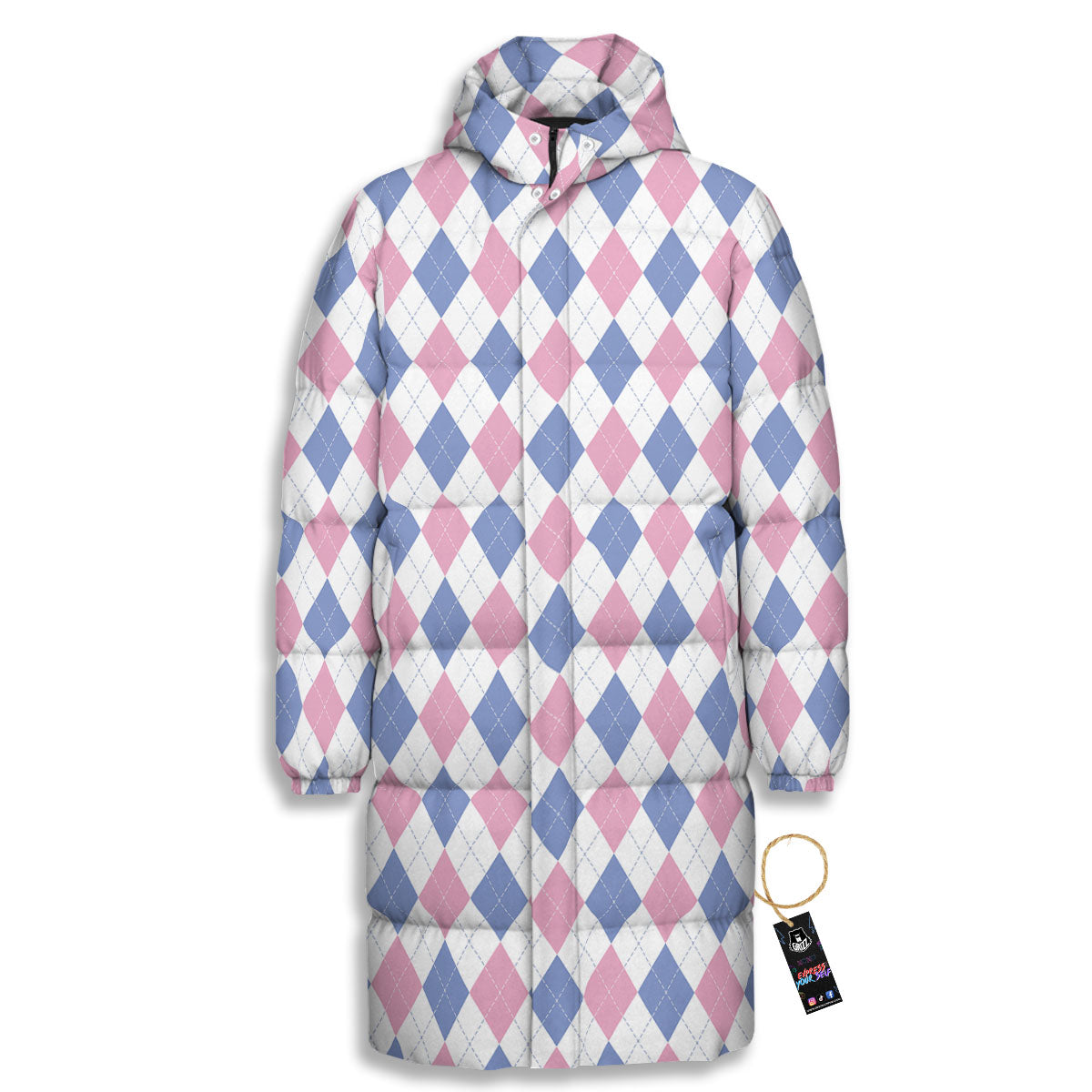 Blue Pink And White Argyle Print Pattern Long Down Jacket-grizzshop