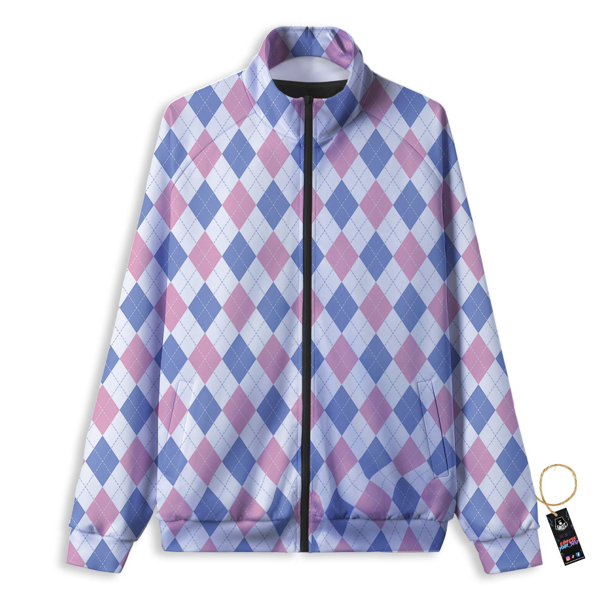 Blue Pink And White Argyle Print Pattern Track Jacket-grizzshop