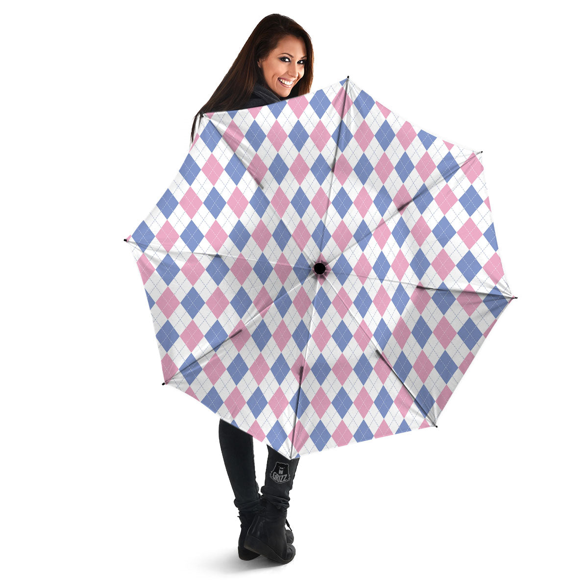 Blue Pink And White Argyle Print Pattern Umbrella-grizzshop