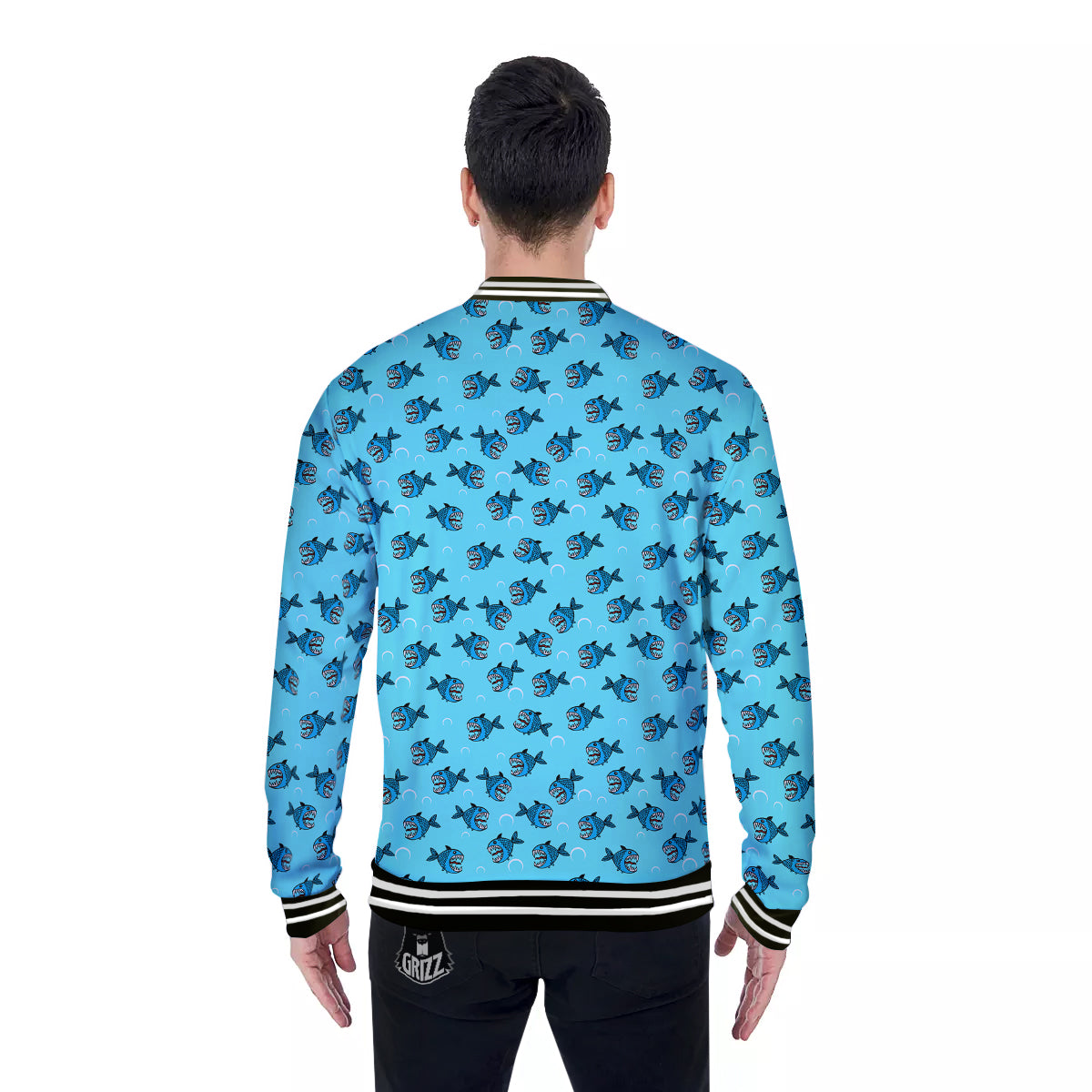 Blue Piranha Print Pattern Baseball Jacket-grizzshop