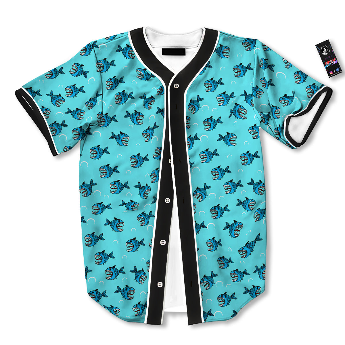 Blue Piranha Print Pattern Baseball Jersey-grizzshop