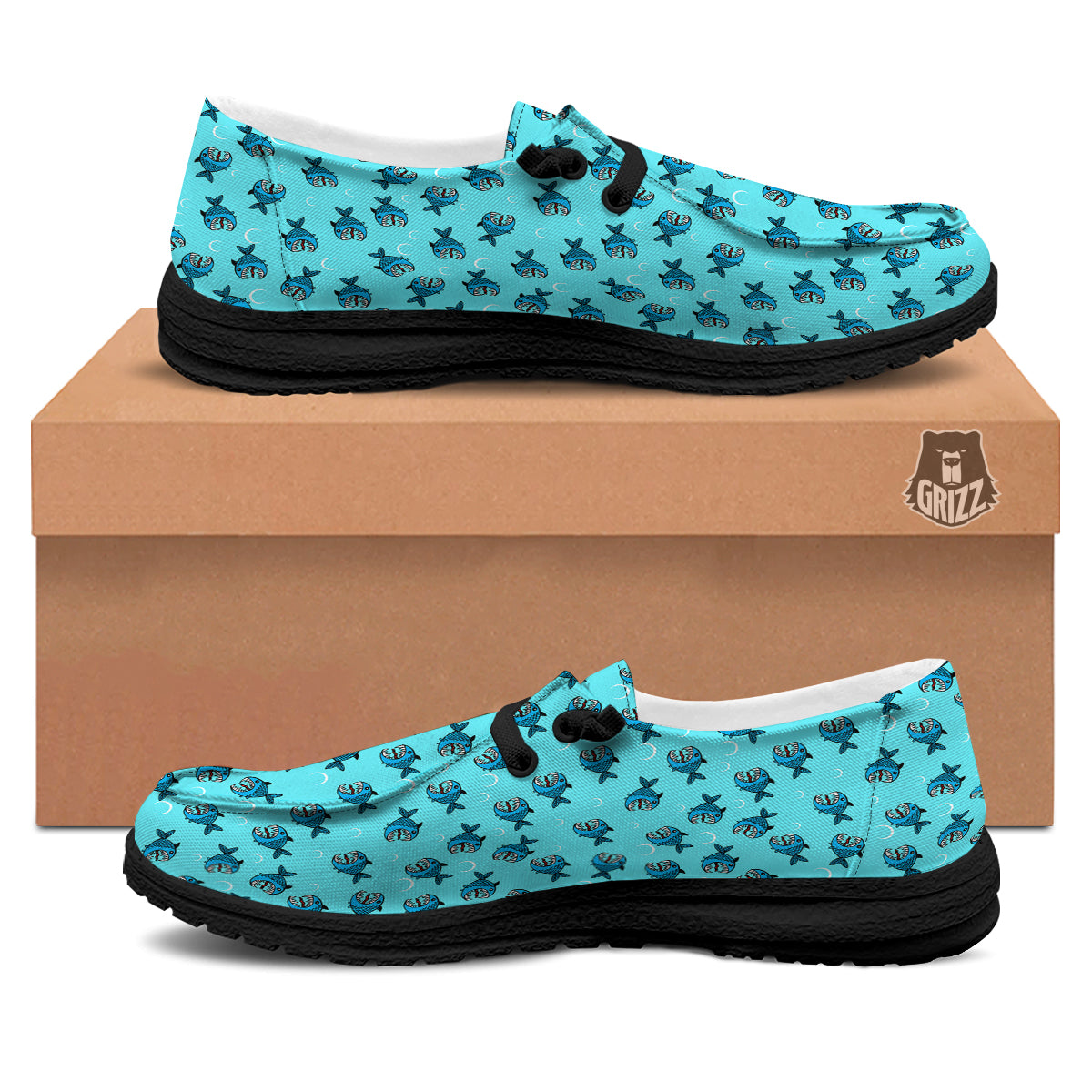 Blue Piranha Print Pattern Black Loafers-grizzshop