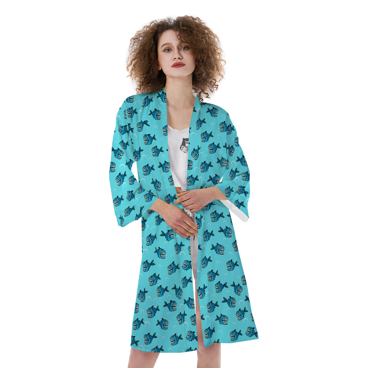 Blue Piranha Print Pattern Kimono-grizzshop