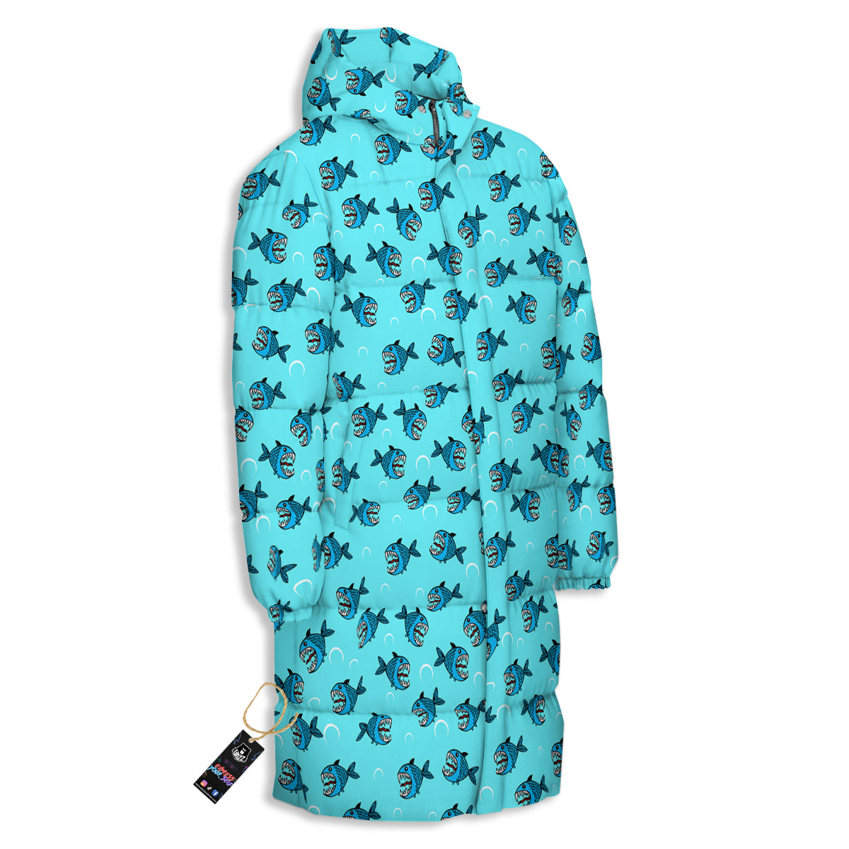 Blue Piranha Print Pattern Long Down Jacket-grizzshop