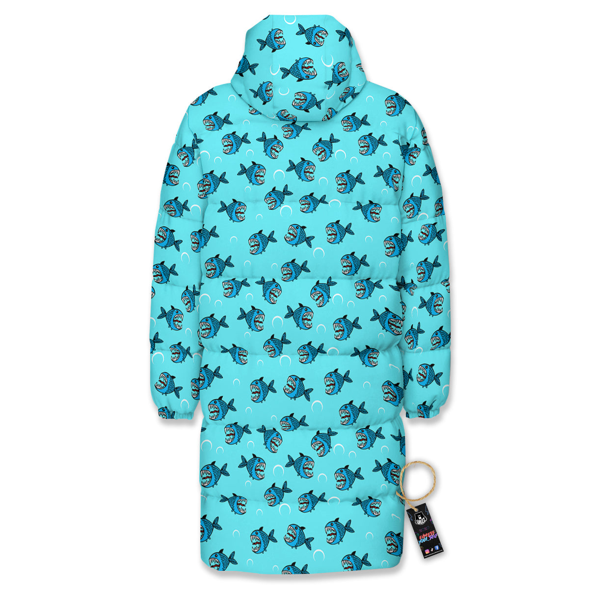 Blue Piranha Print Pattern Long Down Jacket-grizzshop