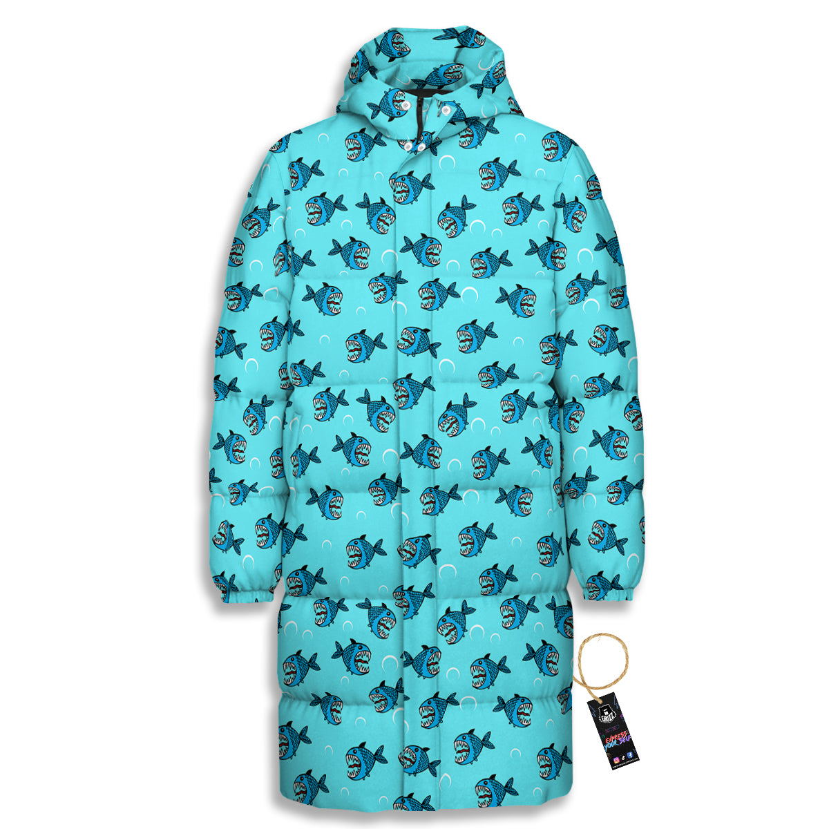 Blue Piranha Print Pattern Long Down Jacket-grizzshop