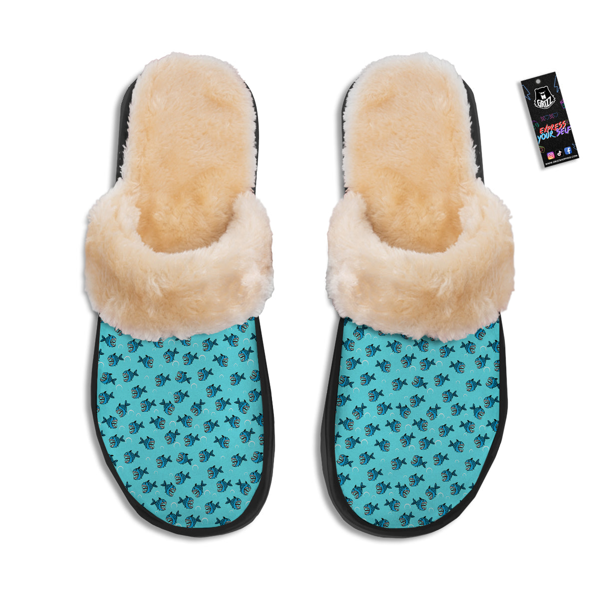 Blue Piranha Print Pattern Slippers-grizzshop