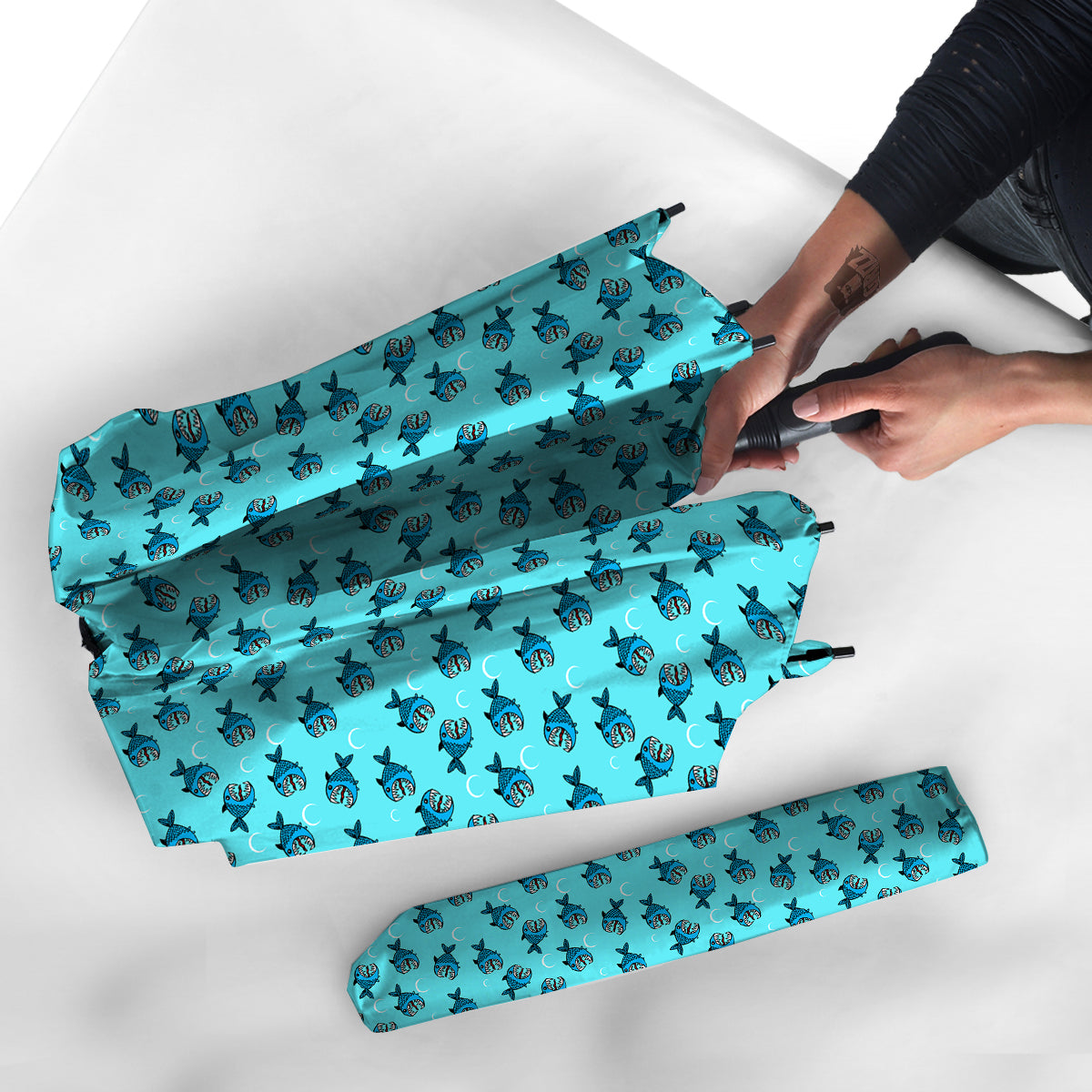 Blue Piranha Print Pattern Umbrella-grizzshop