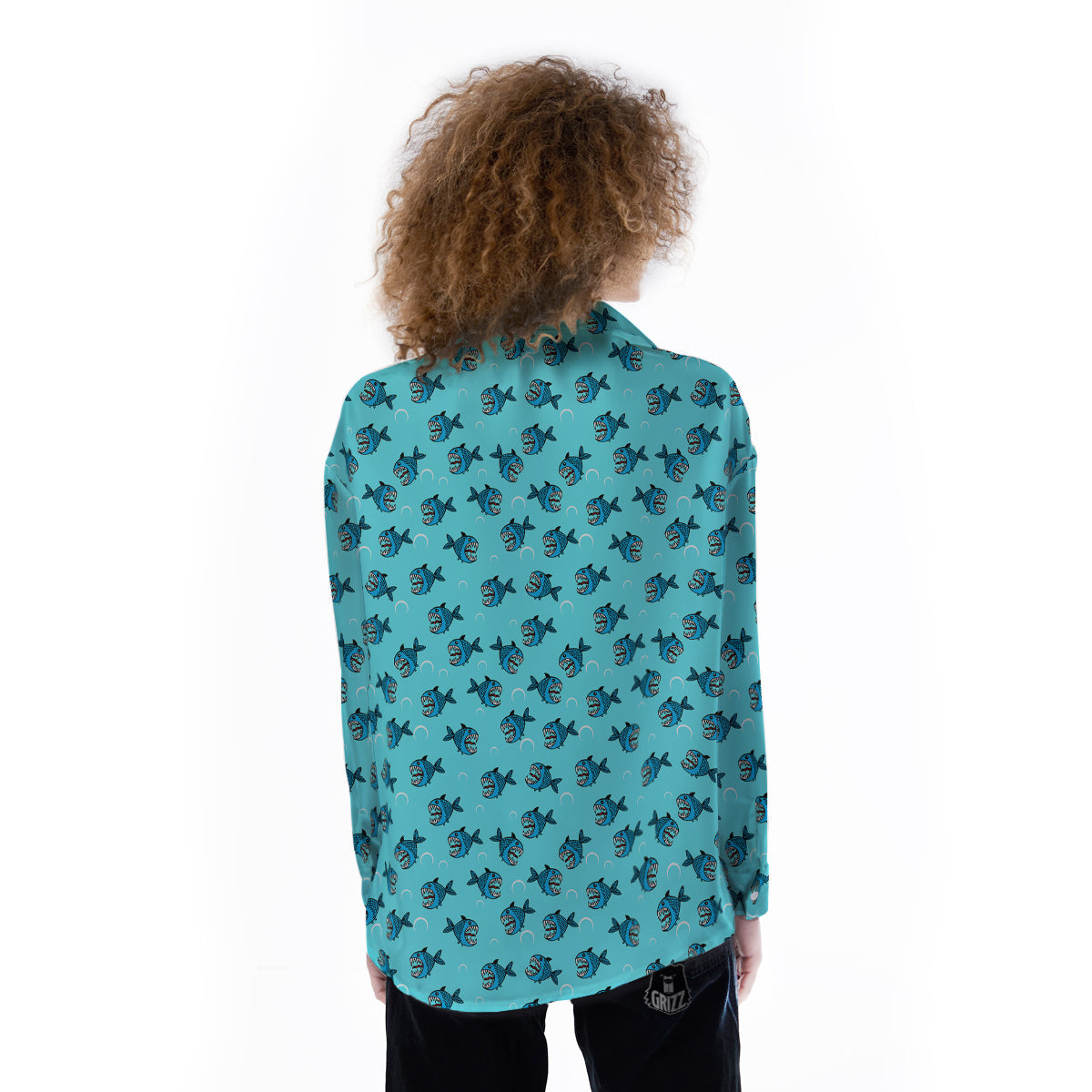 Blue Piranha Print Pattern Women's Long Sleeve Shirts-grizzshop