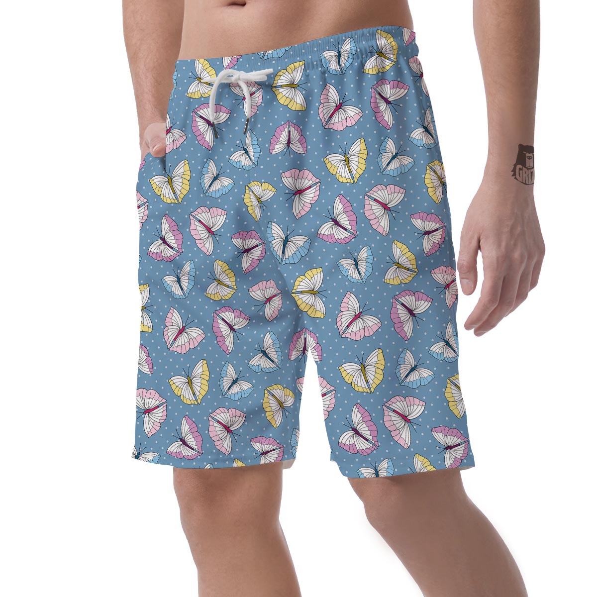 Blue Polka Dots Butterfly Print Men's Shorts-grizzshop