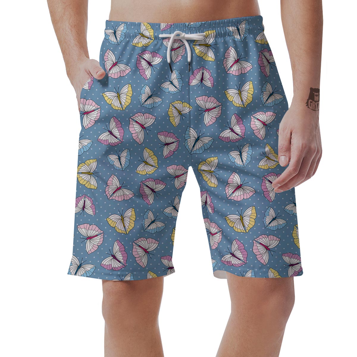 Blue Polka Dots Butterfly Print Men's Shorts-grizzshop