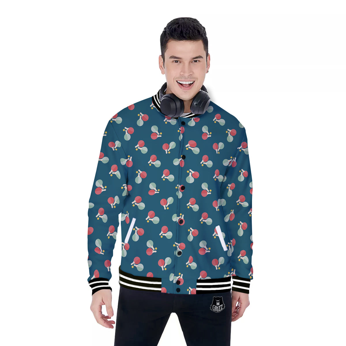 Blue Red Pingpong Print Pattern Baseball Jacket-grizzshop