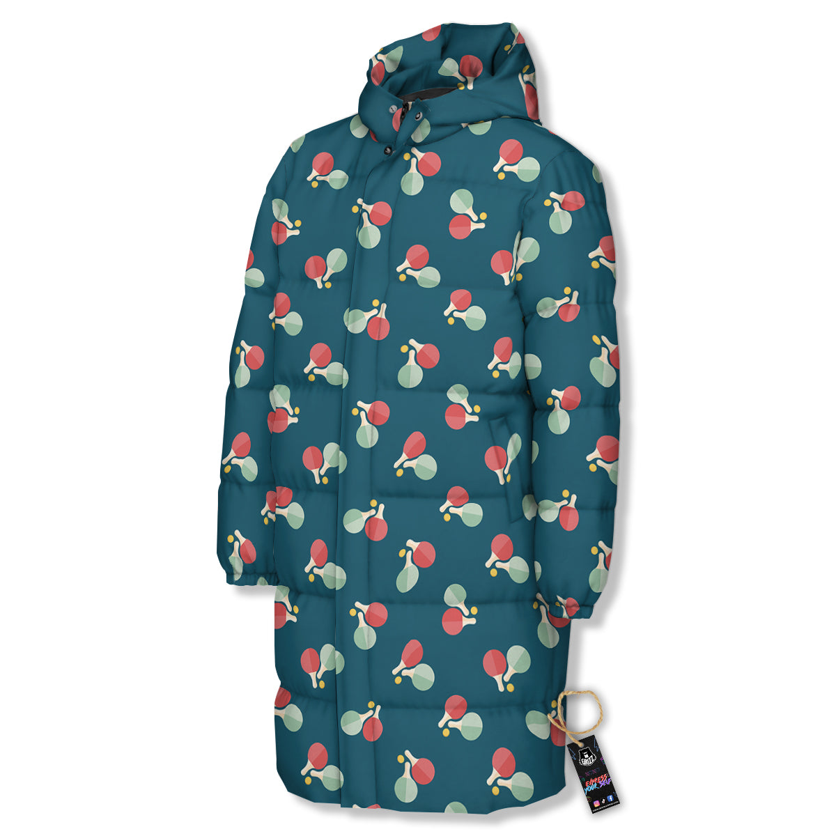 Blue Red Pingpong Print Pattern Long Down Jacket-grizzshop