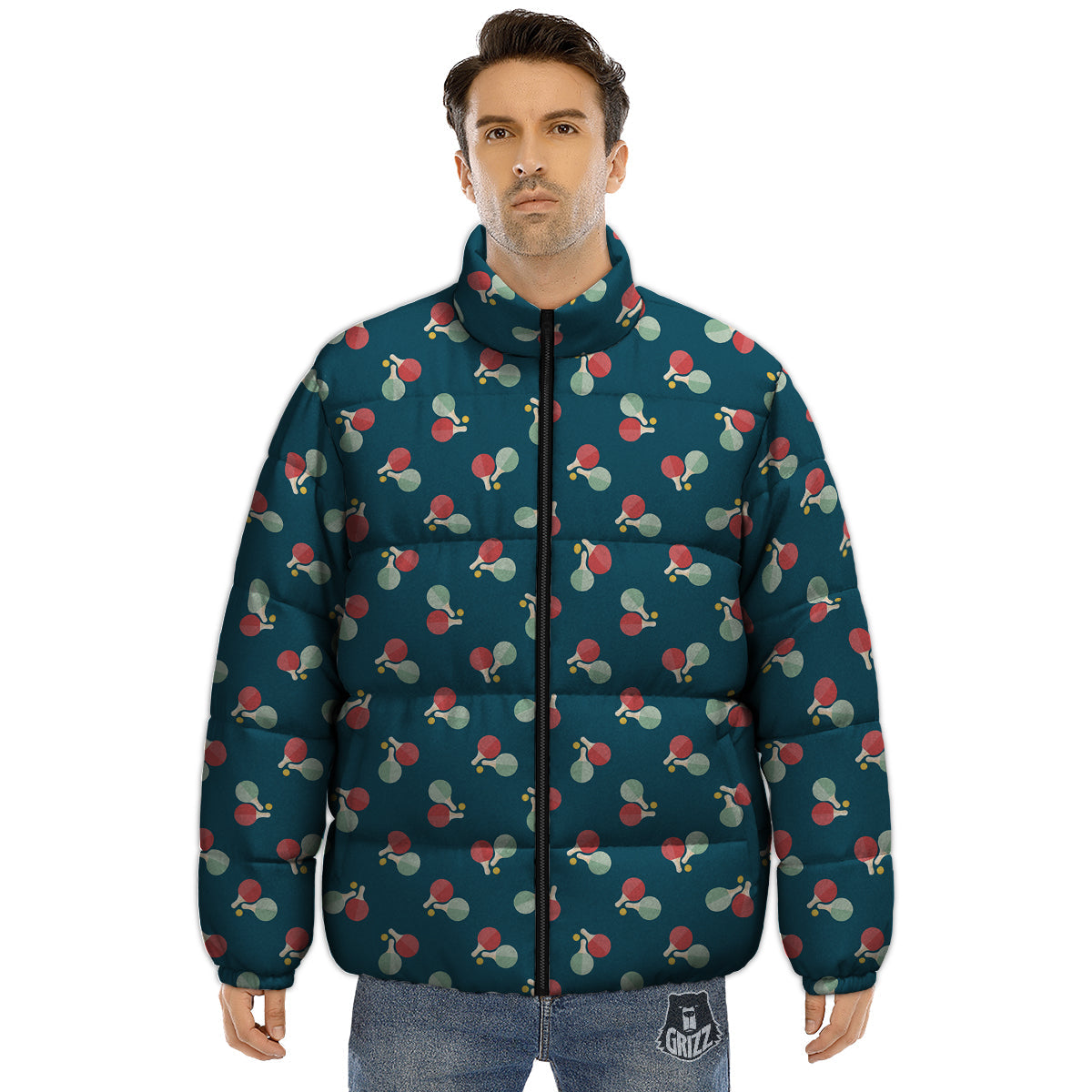 Blue Red Pingpong Print Pattern Puffer Jacket-grizzshop