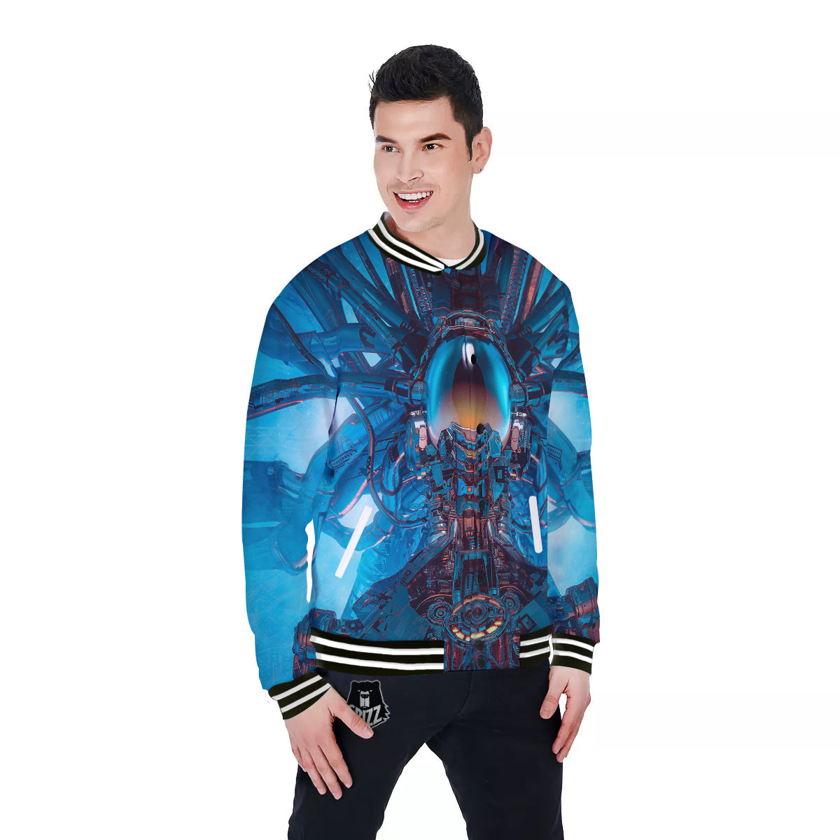 Blue Robot Cyberpunk Print Baseball Jacket-grizzshop