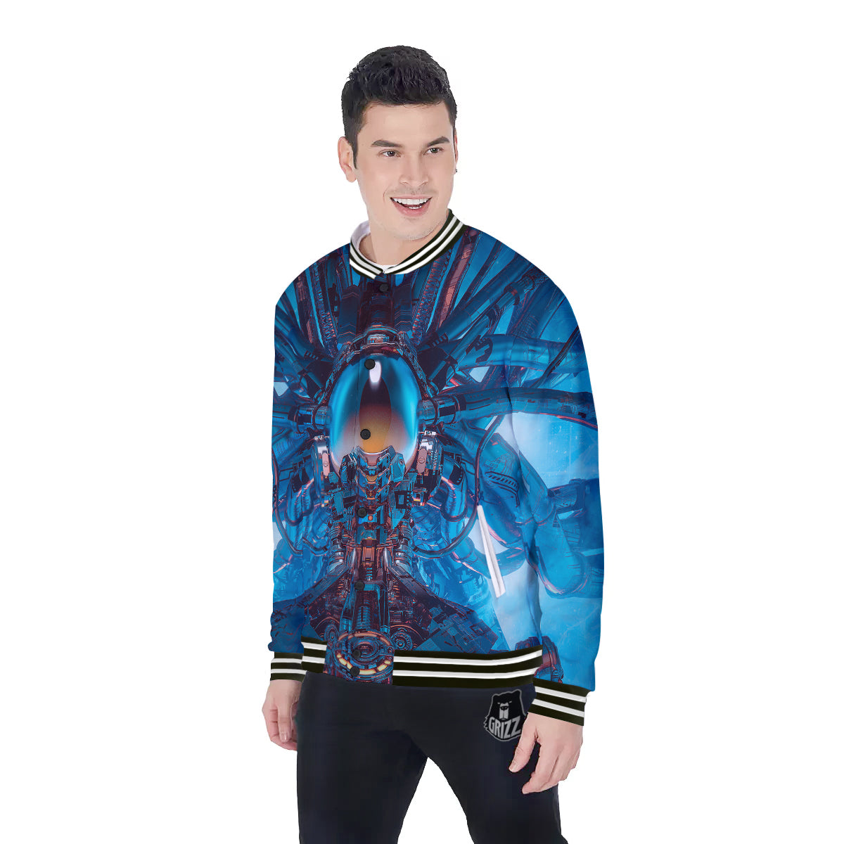 Blue Robot Cyberpunk Print Baseball Jacket-grizzshop