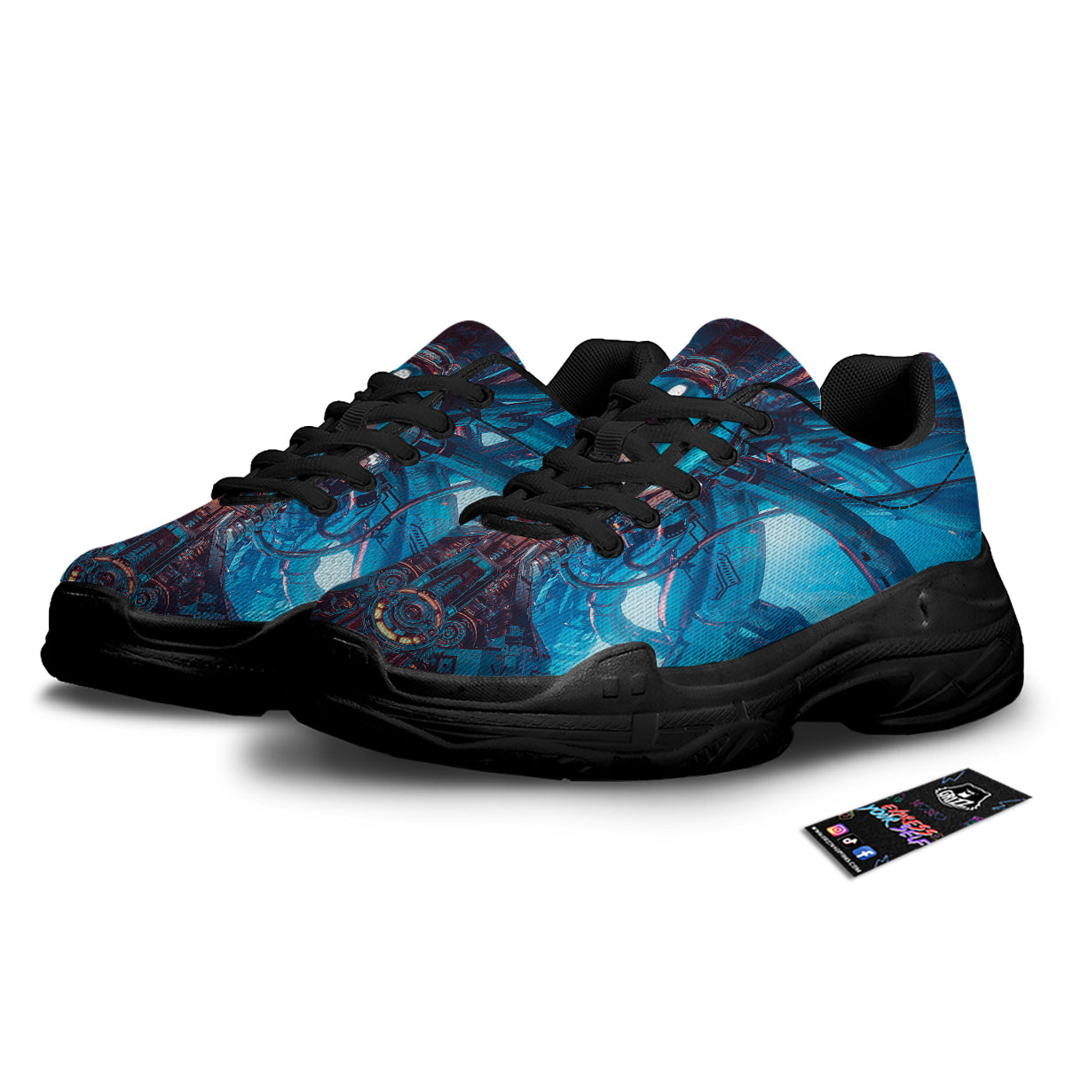 Blue Robot Cyberpunk Print Black Chunky Shoes-grizzshop