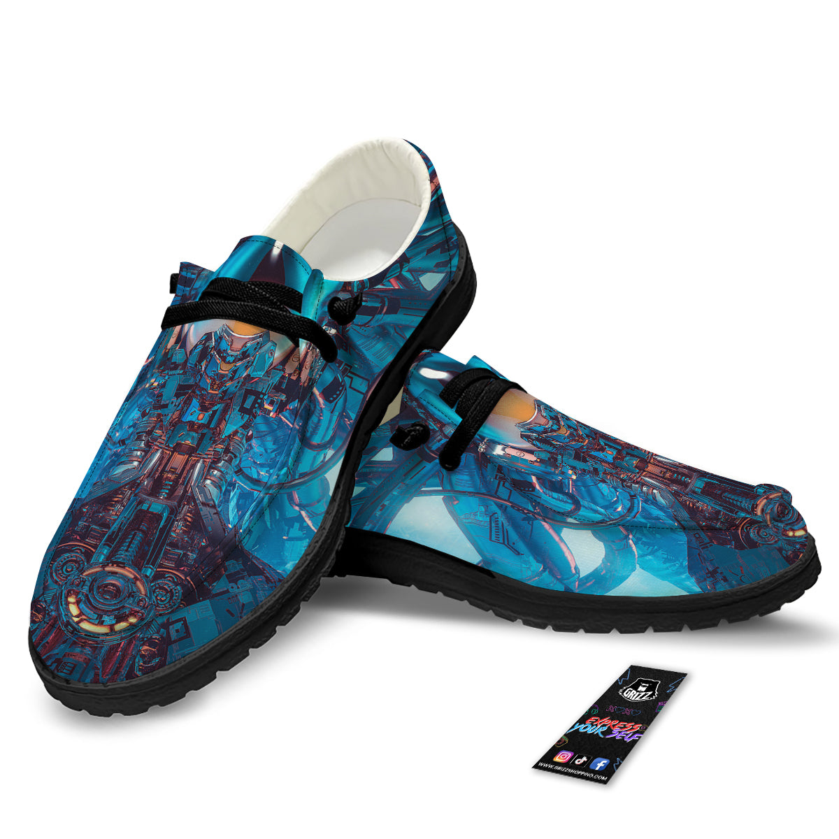 Blue Robot Cyberpunk Print Black Loafers-grizzshop