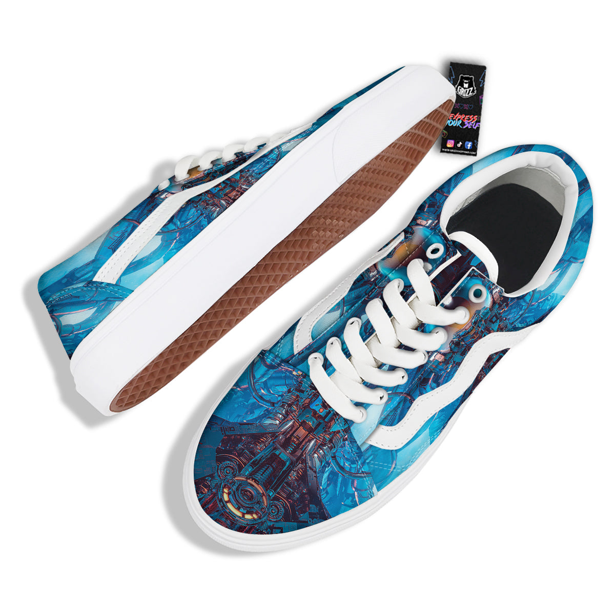 Blue Robot Cyberpunk Print Skate Shoes-grizzshop