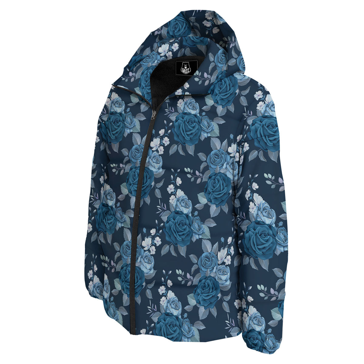 Blue Rose Royal Print Pattern Down Jacket-grizzshop