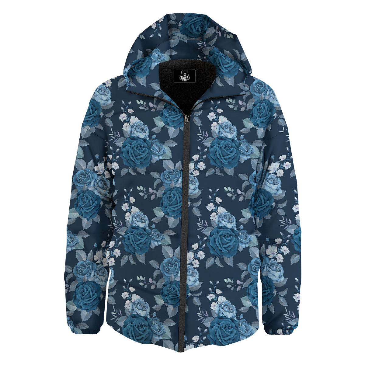 Blue Rose Royal Print Pattern Down Jacket-grizzshop
