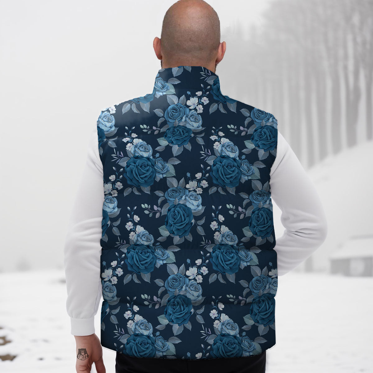 Blue Rose Royal Print Pattern Down Vest-grizzshop