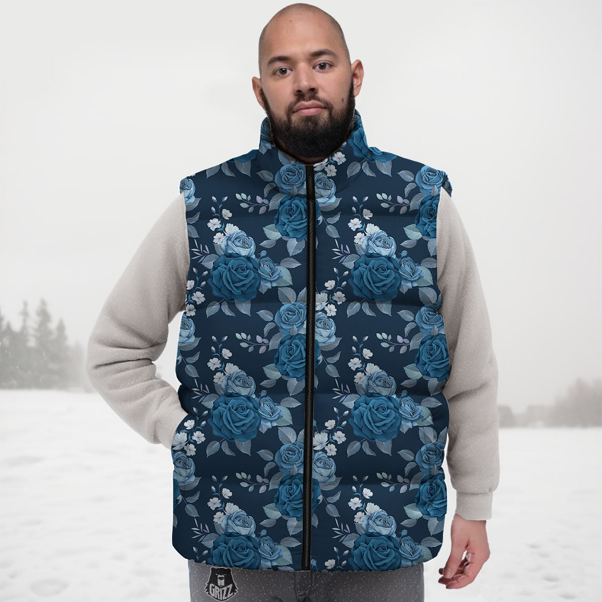 Blue Rose Royal Print Pattern Down Vest-grizzshop