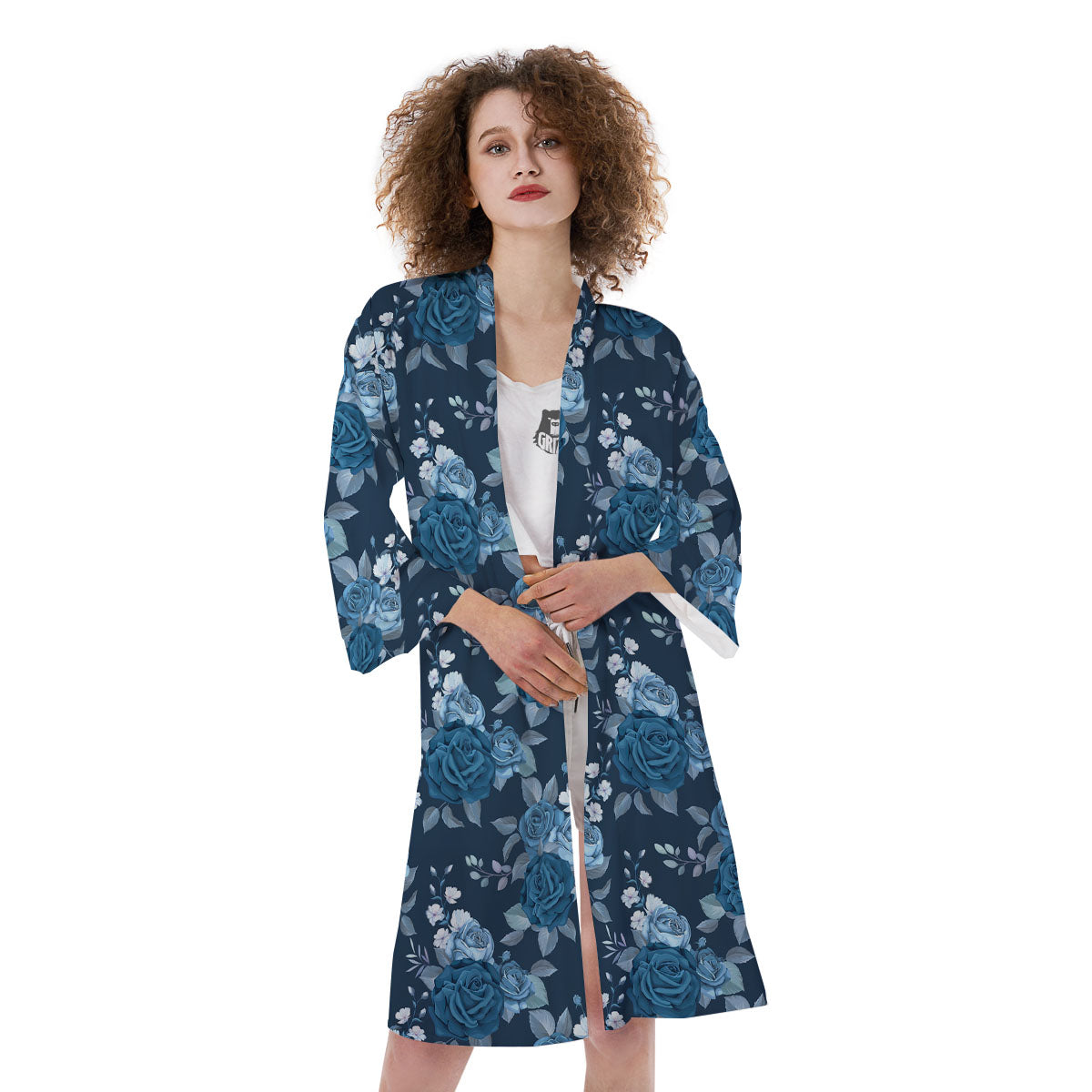 Blue Rose Royal Print Pattern Kimono-grizzshop
