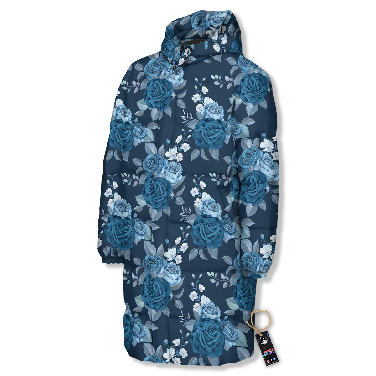 Blue Rose Royal Print Pattern Long Down Jacket-grizzshop