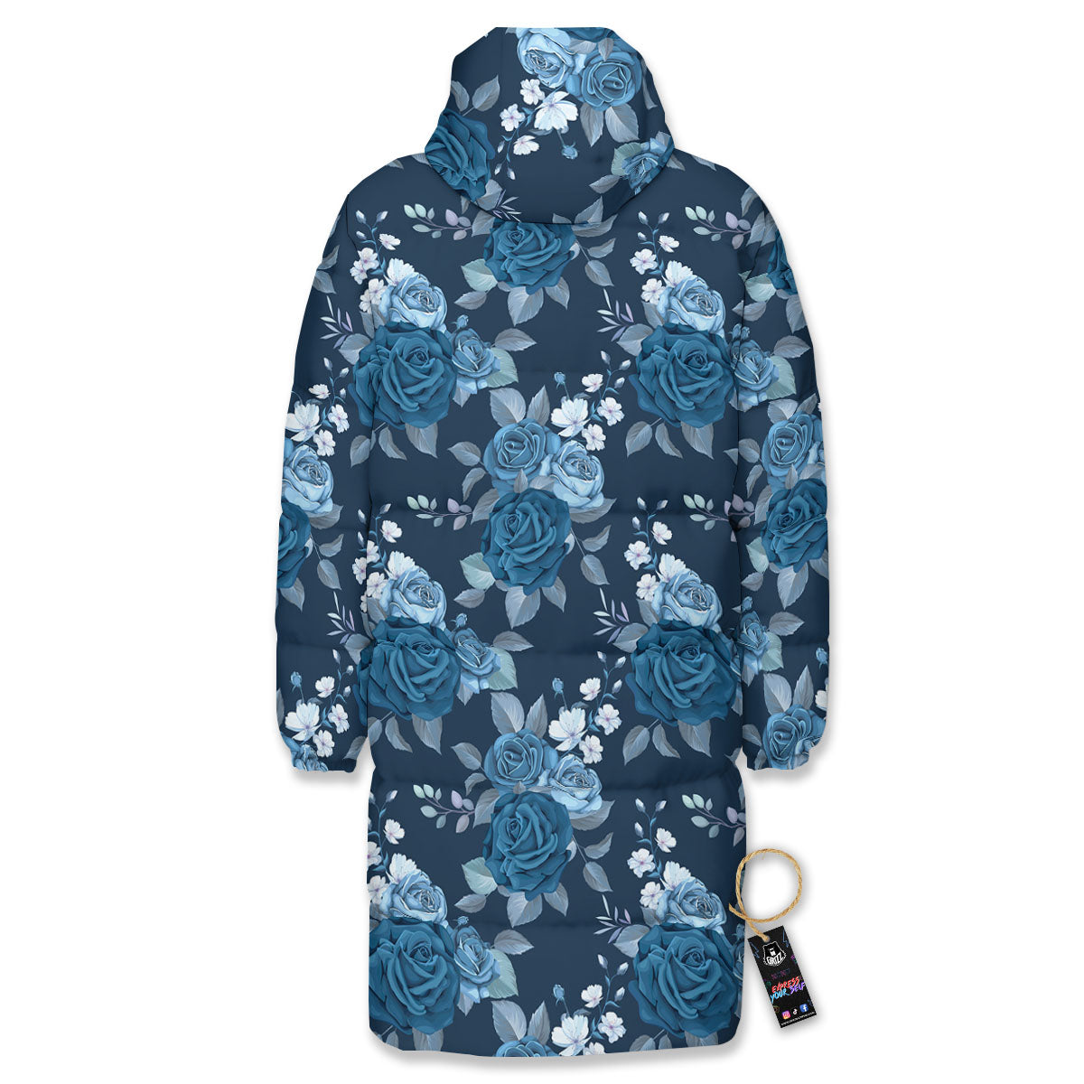 Blue Rose Royal Print Pattern Long Down Jacket-grizzshop