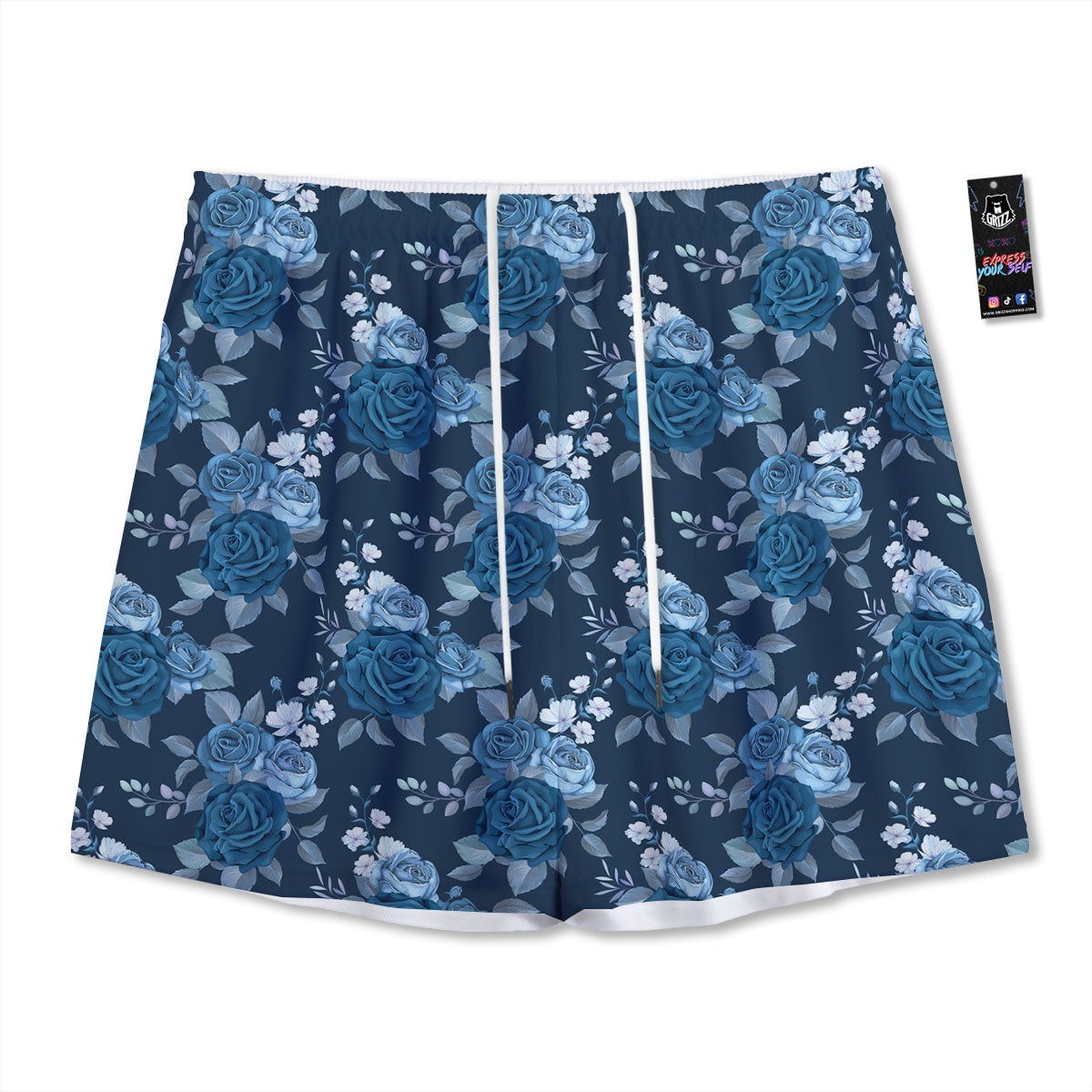 Blue Rose Royal Print Pattern Mesh Shorts