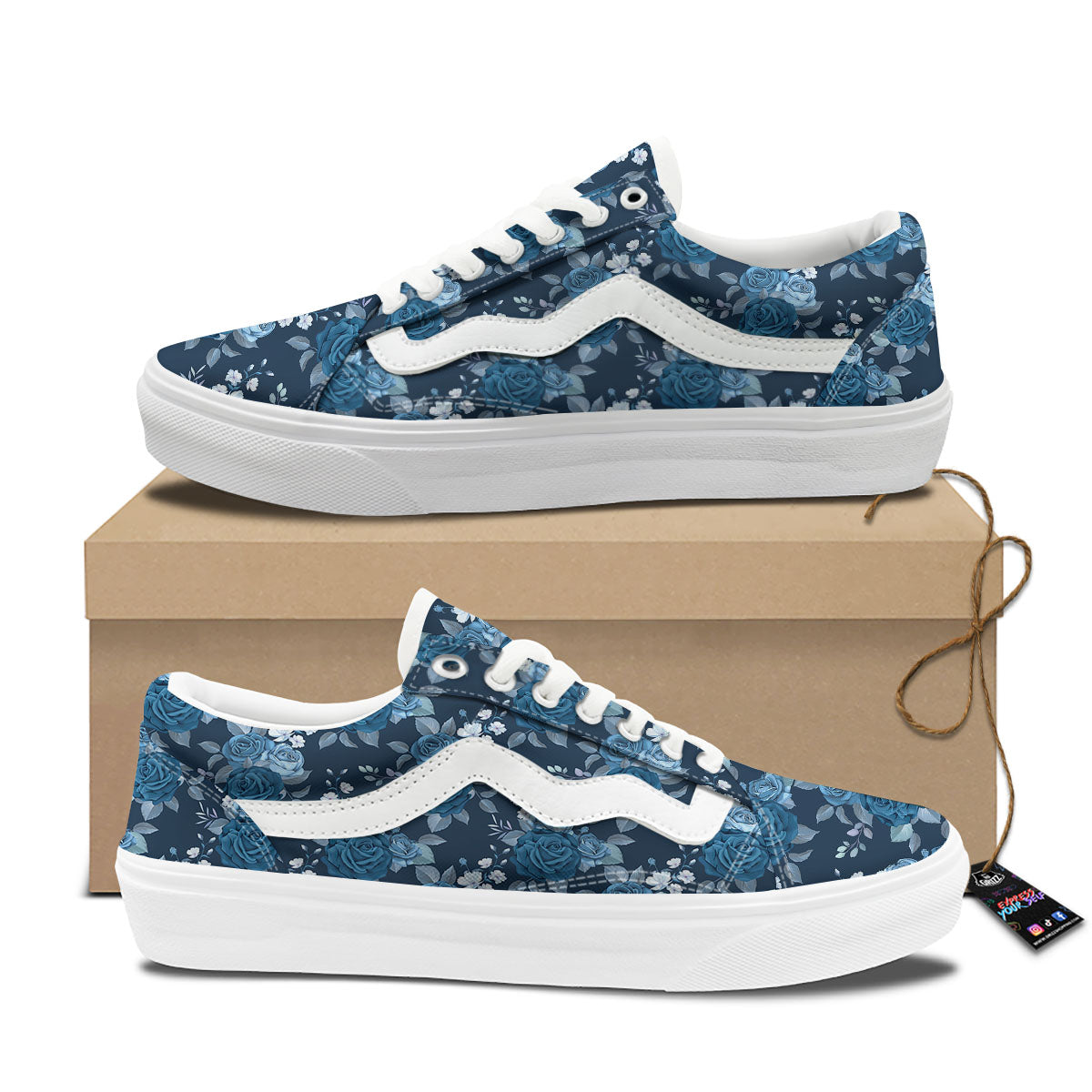 Blue Rose Royal Print Pattern Skate Shoes-grizzshop