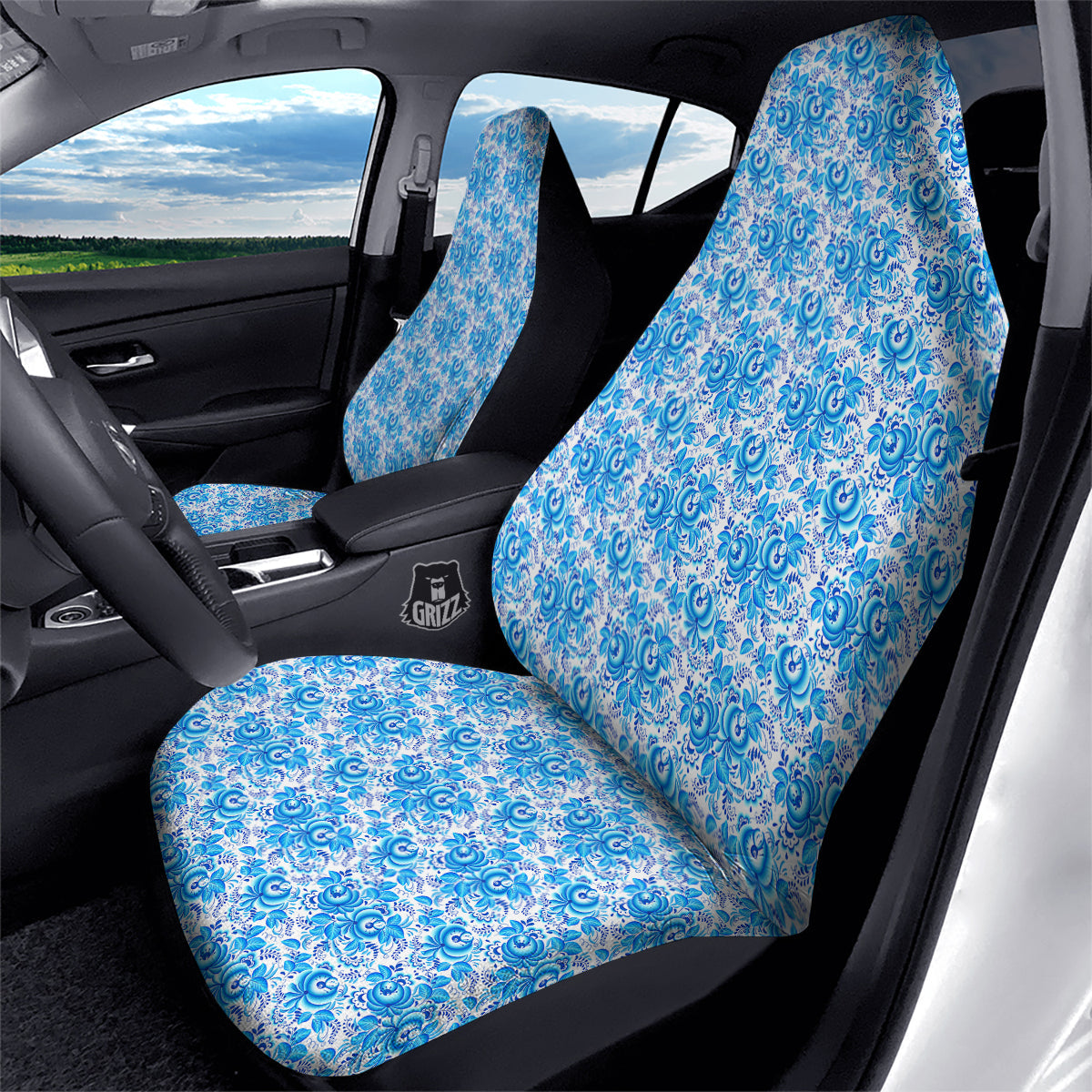 Blue Russian Floral Gzhel Print Pattern Car Seat Covers-grizzshop