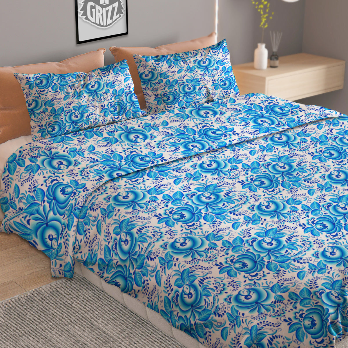 Blue Russian Floral Gzhel Print Pattern Duvet Cover Bedding Set