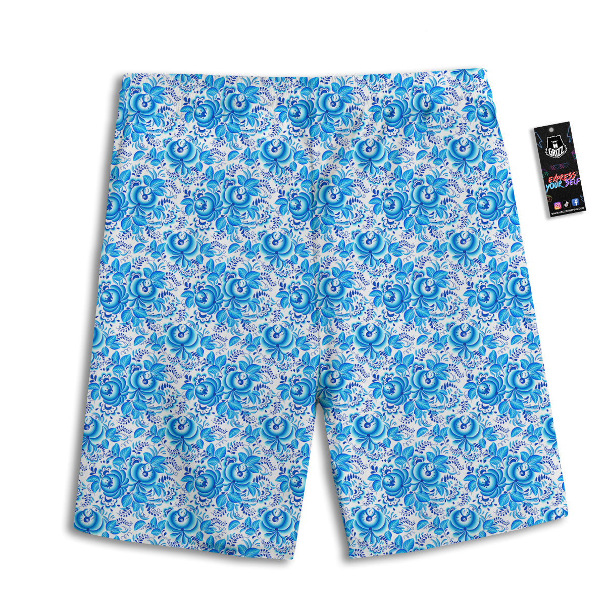 Blue Russian Floral Gzhel Print Pattern Men's Athletic Shorts