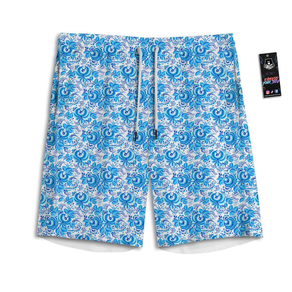 Blue Russian Floral Gzhel Print Pattern Men's Athletic Shorts
