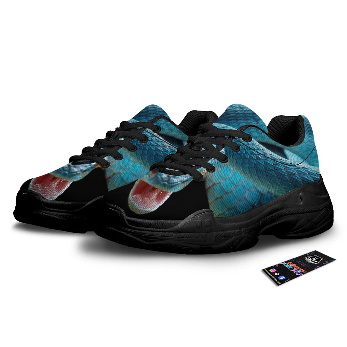 Blue Scary Viper Snake Print Black Chunky Shoes-grizzshop