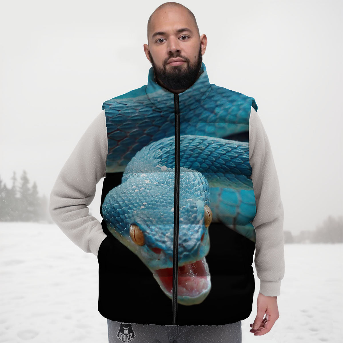 Blue Scary Viper Snake Print Down Vest