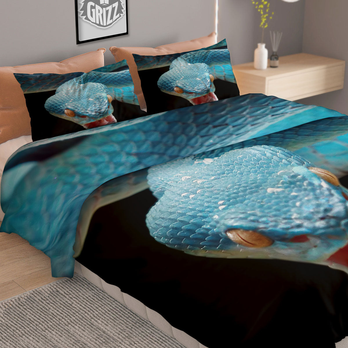 Blue Scary Viper Snake Print Duvet Cover Bedding Set
