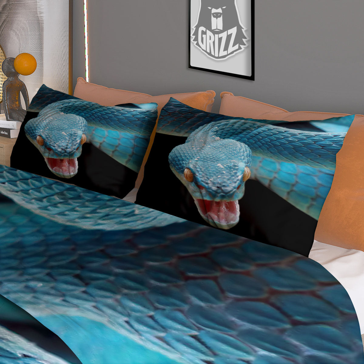 Blue Scary Viper Snake Print Duvet Cover Bedding Set